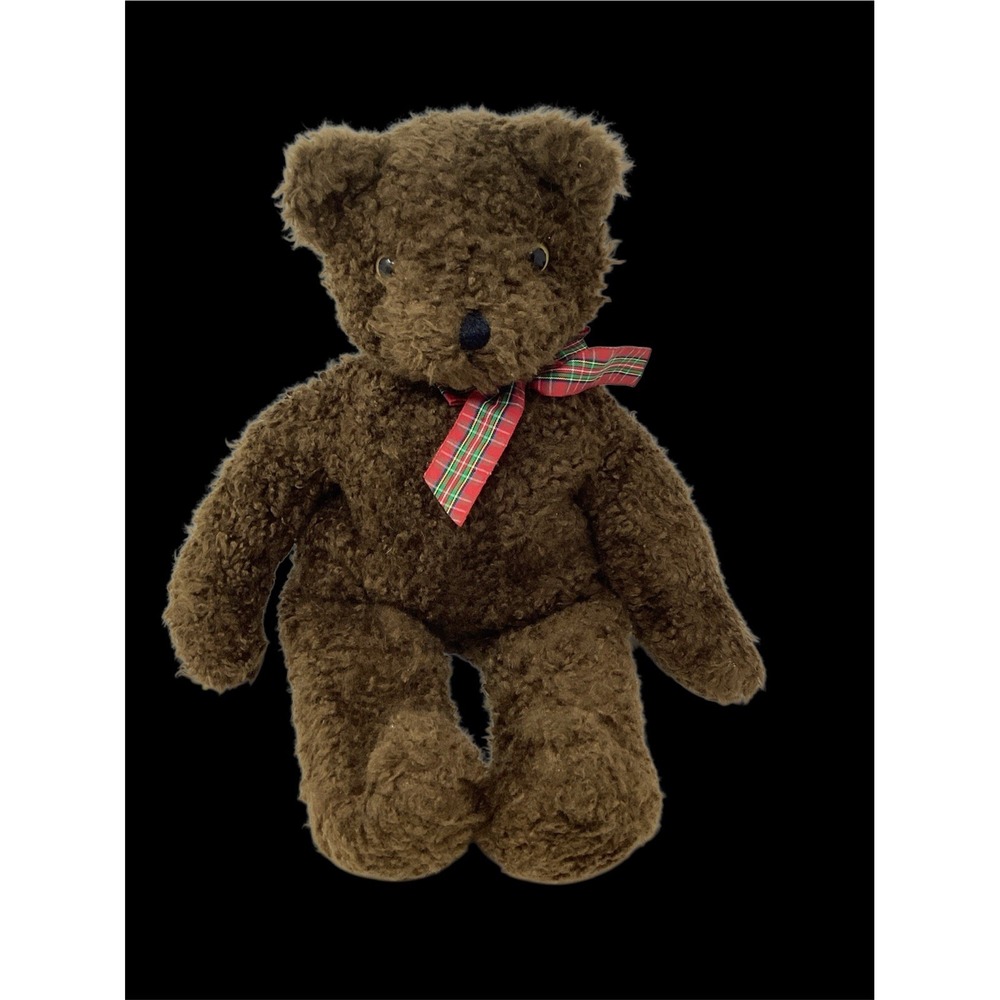 TY Teddy Bear CURLY Plush Chocolate Brown 17" 1990  Red Plaid Bow